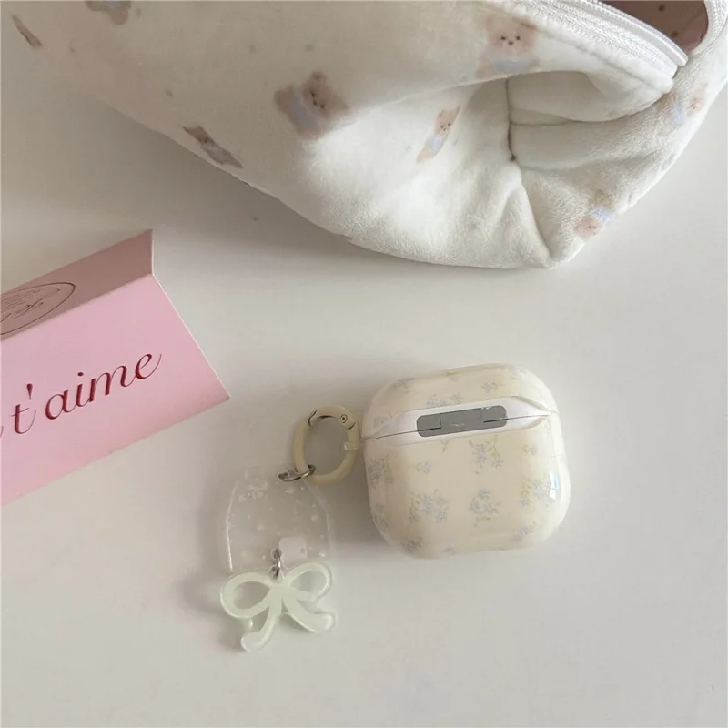 Silicone Case for AirPods 3 Tiny Floral Pattern Protective Cover with Bow Keychain Pendant & Buckle Clip TPU Soft Shell