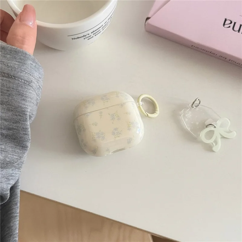 Silicone Case for AirPods 3 Tiny Floral Pattern Protective Cover with Bow Keychain Pendant & Buckle Clip TPU Soft Shell