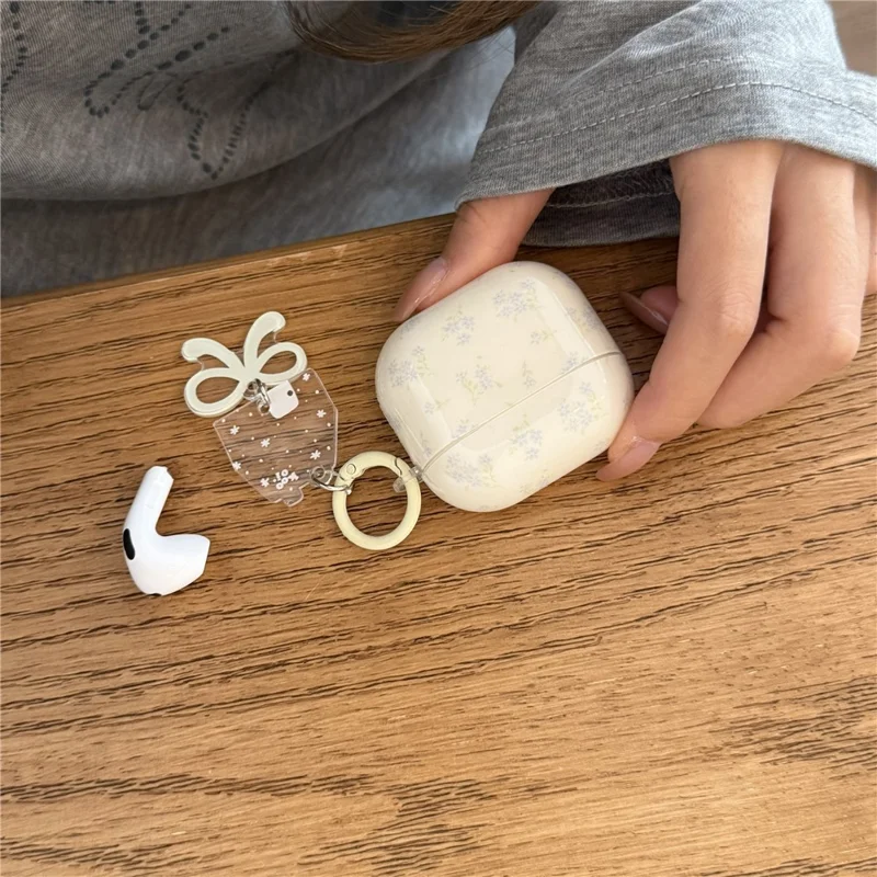 Silicone Case for AirPods 3 Tiny Floral Pattern Protective Cover with Bow Keychain Pendant & Buckle Clip TPU Soft Shell