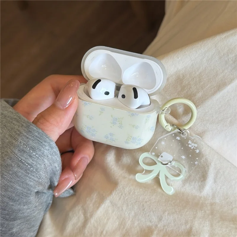 Silicone Case for AirPods 3 Tiny Floral Pattern Protective Cover with Bow Keychain Pendant & Buckle Clip TPU Soft Shell