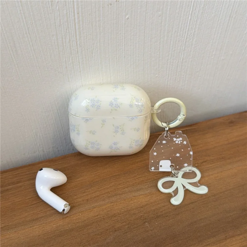 Silicone Case for AirPods 3 Tiny Floral Pattern Protective Cover with Bow Keychain Pendant & Buckle Clip TPU Soft Shell