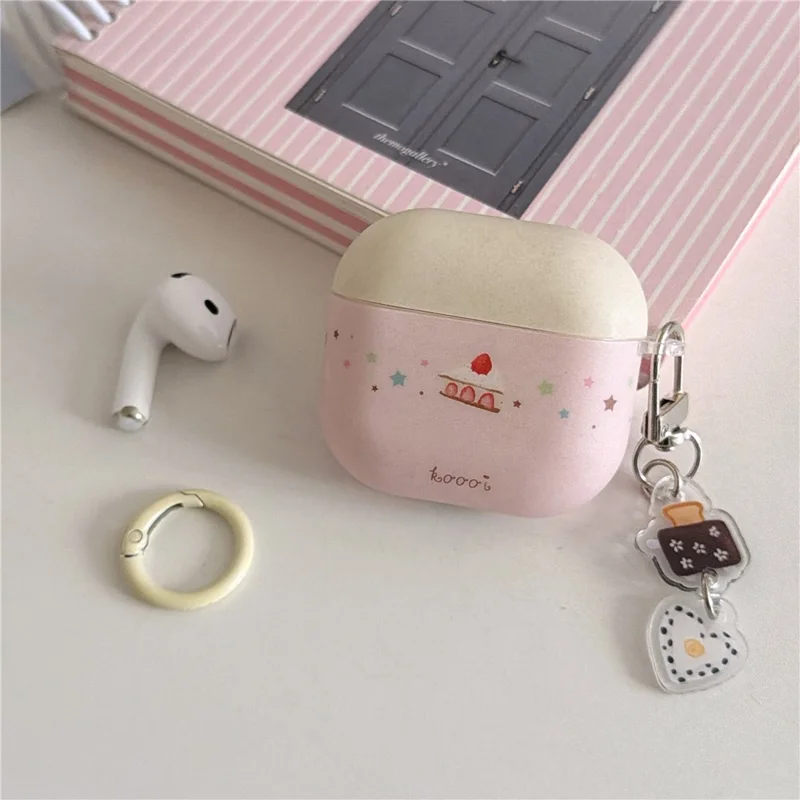 For AirPods 4 Cute Cake Pattern Soft Silicone Case with Keychain Food Charms & Clip Earbuds Protective Cover