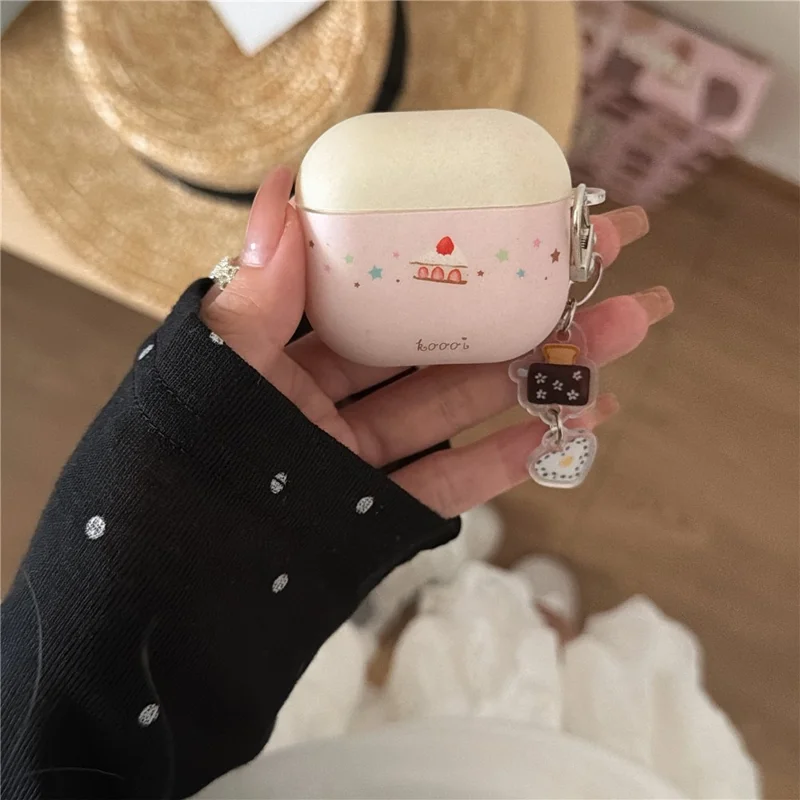 For AirPods 4 Cute Cake Pattern Soft Silicone Case with Keychain Food Charms & Clip Earbuds Protective Cover