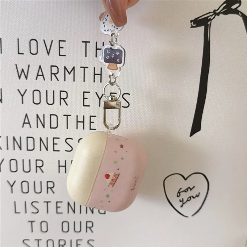 For AirPods 4 Cute Cake Pattern Soft Silicone Case with Keychain Food Charms & Clip Earbuds Protective Cover