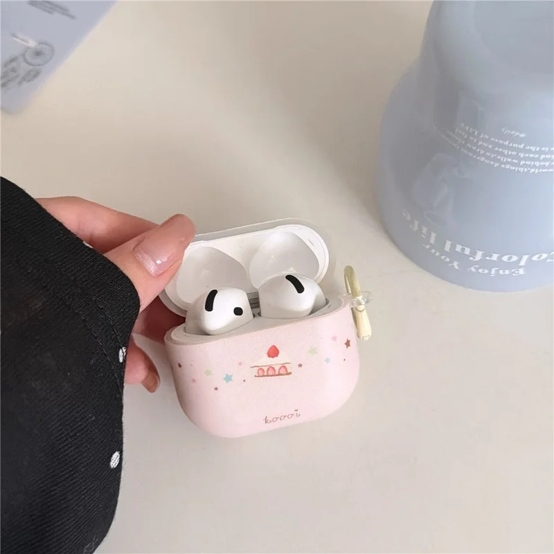 For AirPods 4 Cute Cake Pattern Soft Silicone Case with Keychain Food Charms & Clip Earbuds Protective Cover
