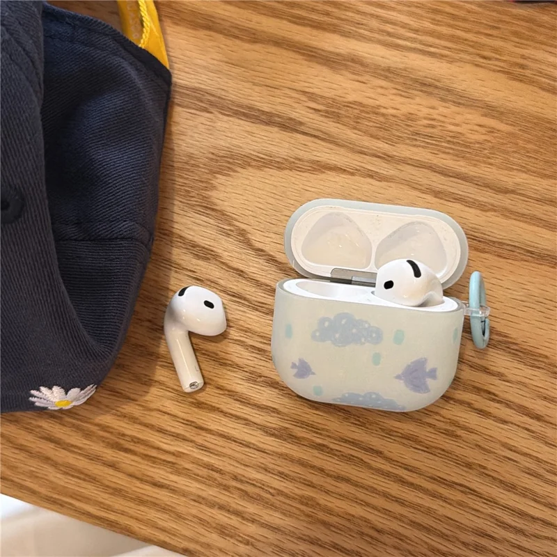 IMD+TPU-hölse till AirPods 4 med moln- och fågelmönster, skyddshölse till hörlurar med karbinhake