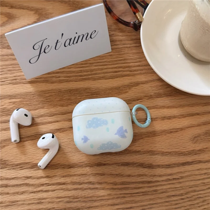 IMD+TPU-hölse för AirPods 3 med moln- och fågelmönster, skyddshölse för öronsnäckor med karbinhake