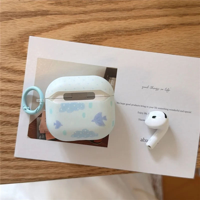 IMD+TPU-hölse för AirPods 3 med moln- och fågelmönster, skyddshölse för öronsnäckor med karbinhake