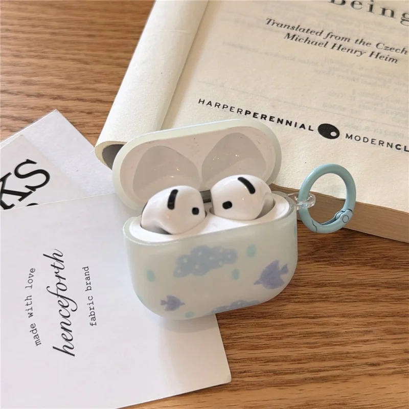 IMD+TPU-hölse för AirPods 3 med moln- och fågelmönster, skyddshölse för öronsnäckor med karbinhake