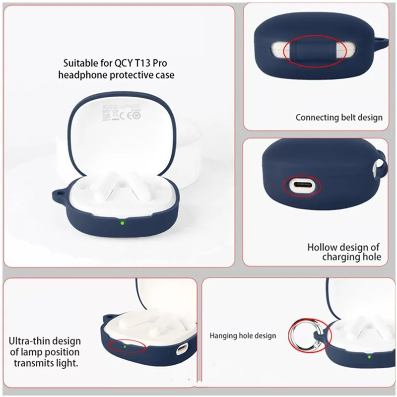 For QCY T13 Pro Silicone Case Wireless Earbuds Protective Cover with Anti-Lost Buckle - Dark Blue