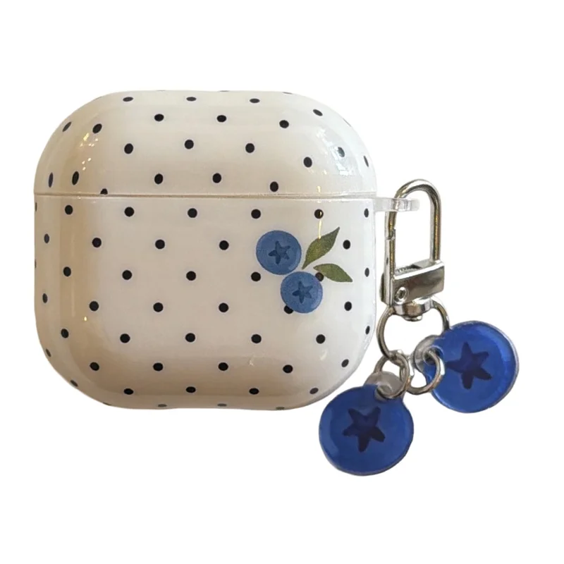 Funda TPU para AirPods 4 con diseño de puntos de arándano, funda protectora con colgante y hebilla metálica