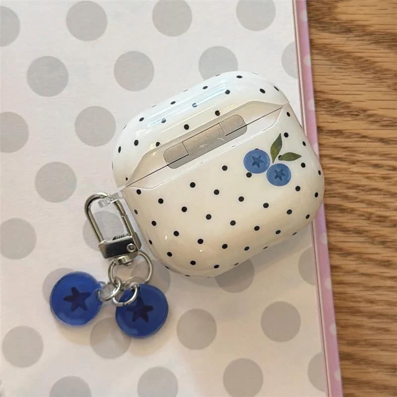 Funda TPU para AirPods 4 con diseño de puntos de arándano, funda protectora con colgante y hebilla metálica
