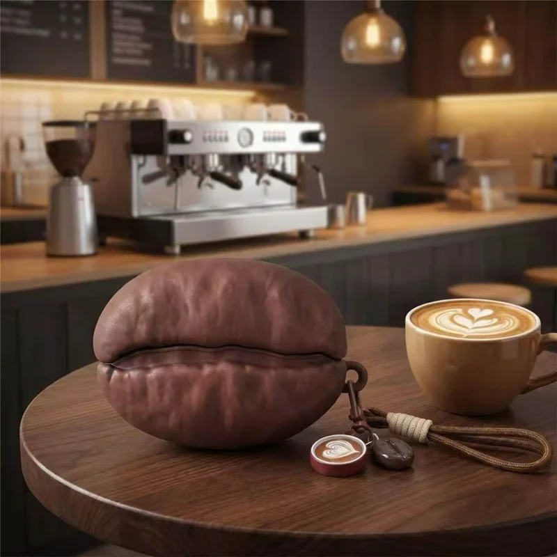 Funda de silicona para AirPods 4, funda protectora con forma de grano de café y llavero colgante - Café