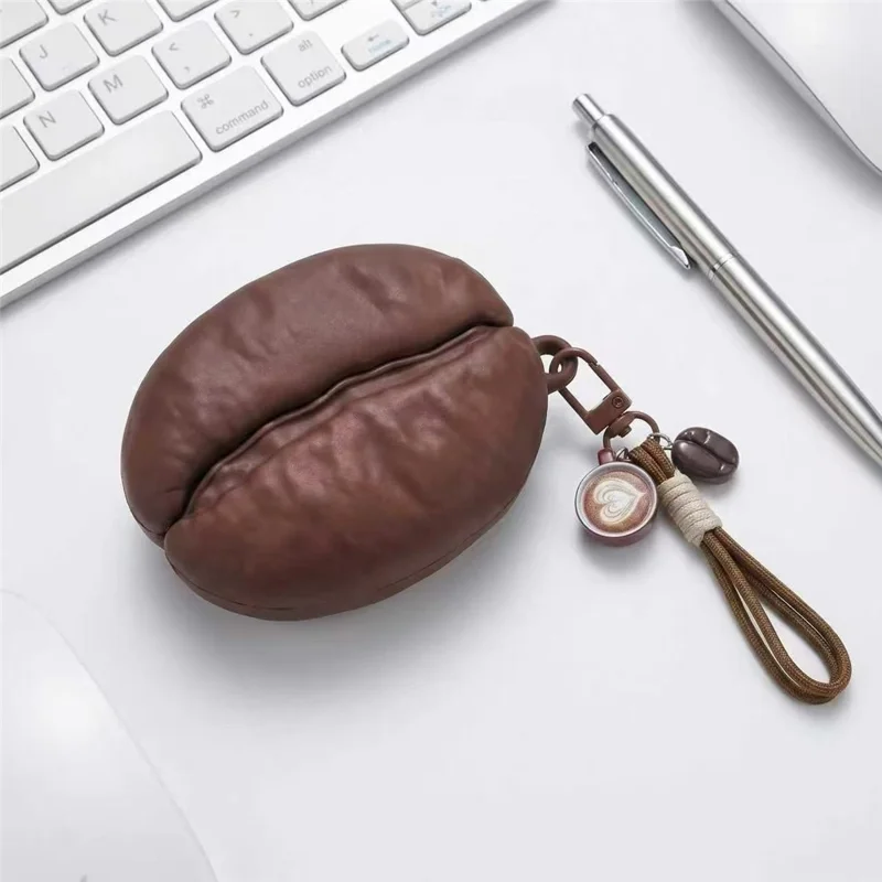 For AirPods Pro 3 Silikonfodral Kaffebönform Skyddsfodral med hänglåsnyckelkedja - Kaffe