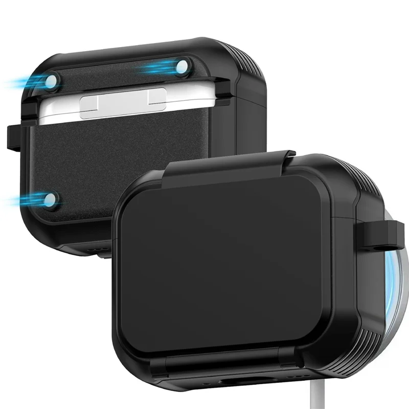 For AirPods Pro 2 Magnetic Case Mirror Phone Stand TPU + PC Earphone Protective Cover with Carabiner - Black
