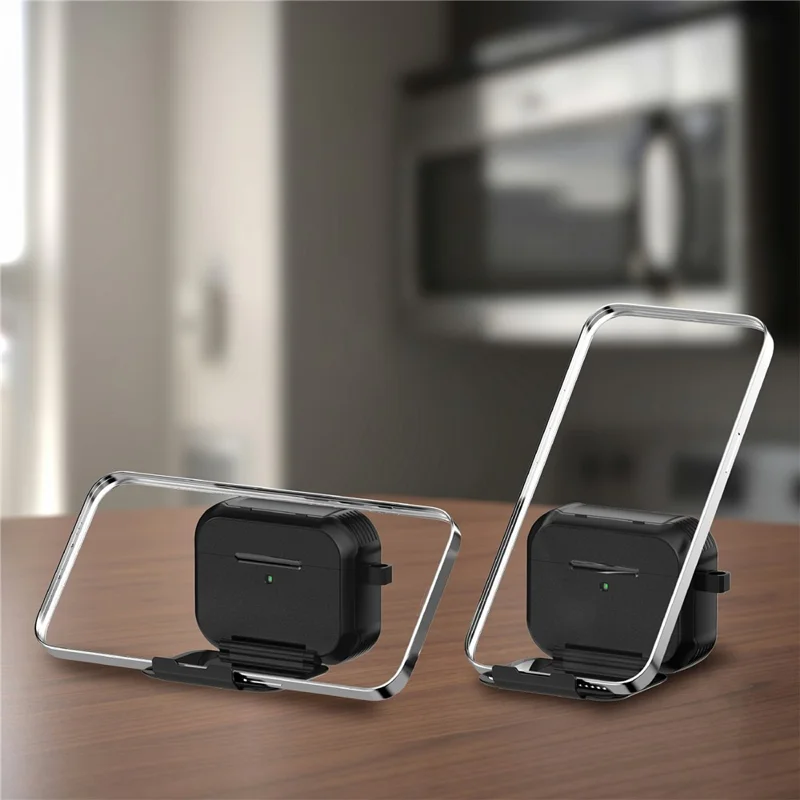 For AirPods Pro 2 Magnetic Case Mirror Phone Stand TPU + PC Earphone Protective Cover with Carabiner - Black
