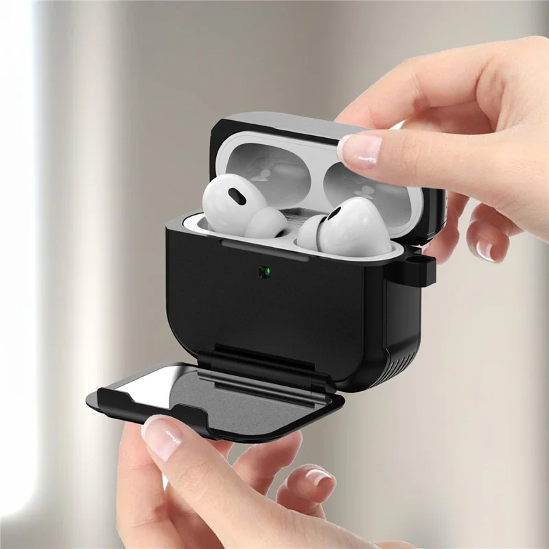 For AirPods Pro 2 Magnetic Case Mirror Phone Stand TPU + PC Earphone Protective Cover with Carabiner - Black