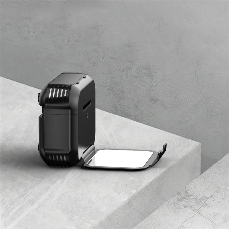 For AirPods Pro 2 Magnetic Case Mirror Phone Stand TPU + PC Earphone Protective Cover with Carabiner - Black