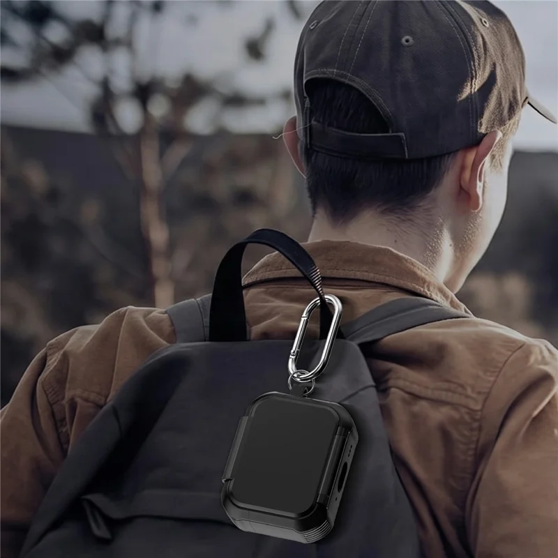 For AirPods Pro 2 Magnetic Case Mirror Phone Stand TPU + PC Earphone Protective Cover with Carabiner - Black