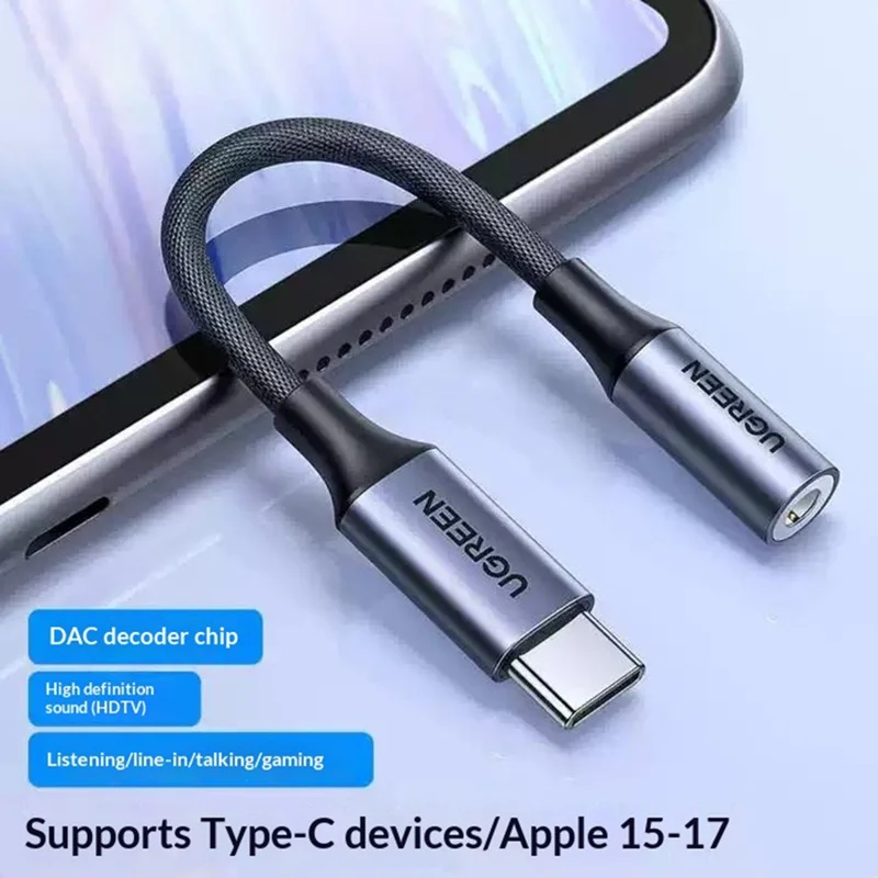UGREEN CM992 95961 10cm Type-C to 3.5mm Headphone Adapter Cable DAC Audio Converter Support Inline Control