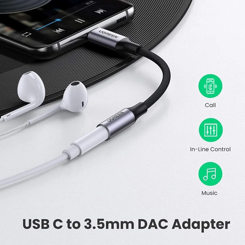 UGREEN CM992 95961 10cm Type-C to 3.5mm Headphone Adapter Cable DAC Audio Converter Support Inline Control