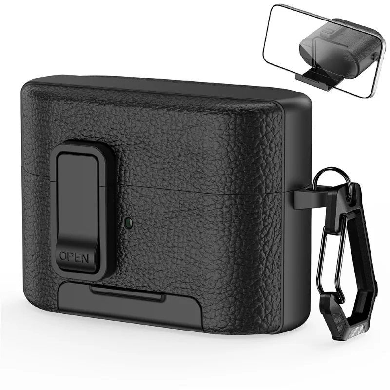 Funda protectora para Sony WF-1000XM6 con soporte, textura de piel de lichi, cubierta de TPU + PC para auriculares con cierre y mosquetón - Negro