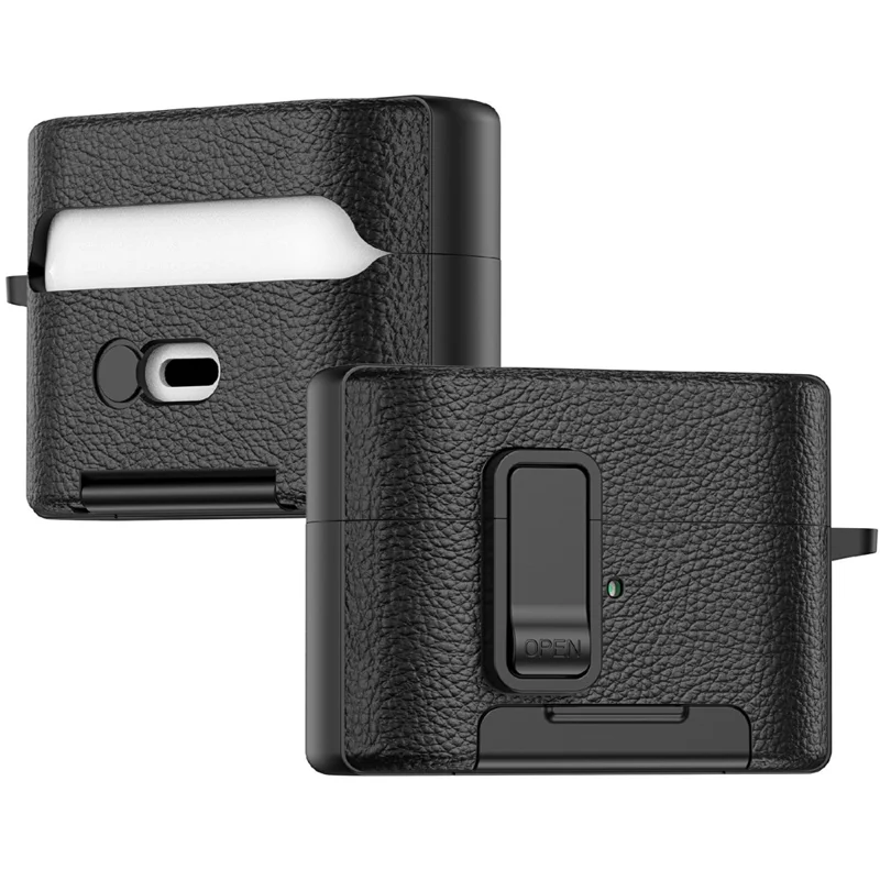 Funda protectora para Sony WF-1000XM6 con soporte, textura de piel de lichi, cubierta de TPU + PC para auriculares con cierre y mosquetón - Negro