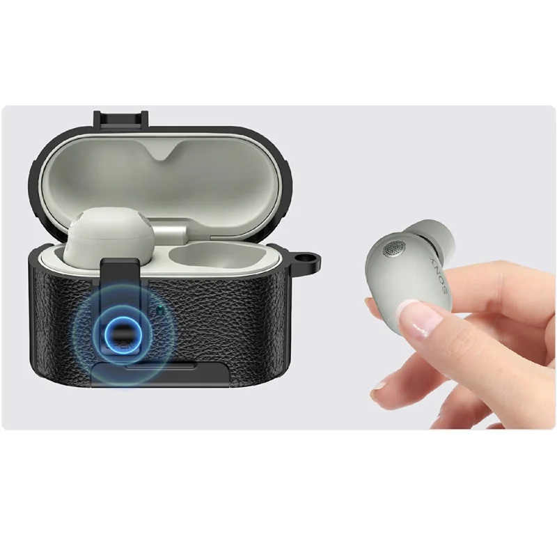Funda protectora para Sony WF-1000XM6 con soporte, textura de piel de lichi, cubierta de TPU + PC para auriculares con cierre y mosquetón - Negro