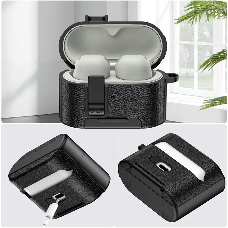 Funda protectora para Sony WF-1000XM6 con soporte, textura de piel de lichi, cubierta de TPU + PC para auriculares con cierre y mosquetón - Negro
