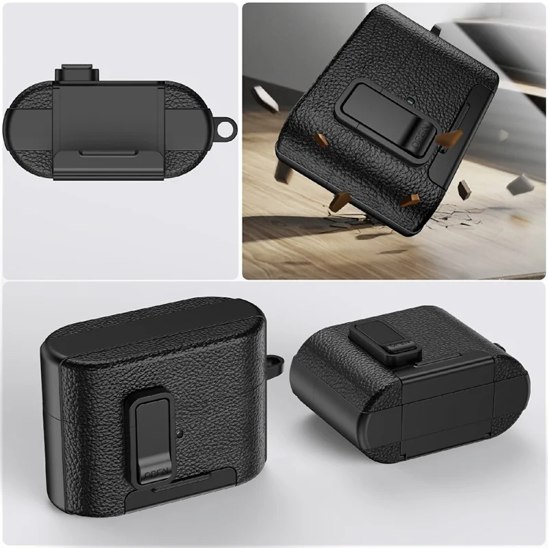 Funda protectora para Sony WF-1000XM6 con soporte, textura de piel de lichi, cubierta de TPU + PC para auriculares con cierre y mosquetón - Negro