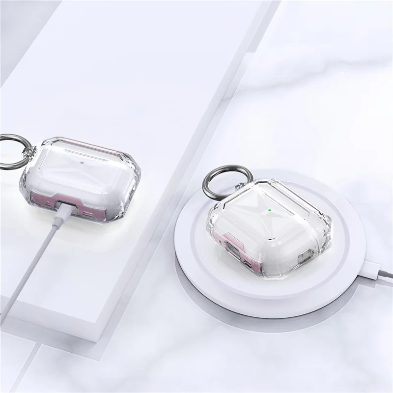 For AirPods Pro 3 TPU Case Transparent Earbud Protective Cover with Carabiner - Rose