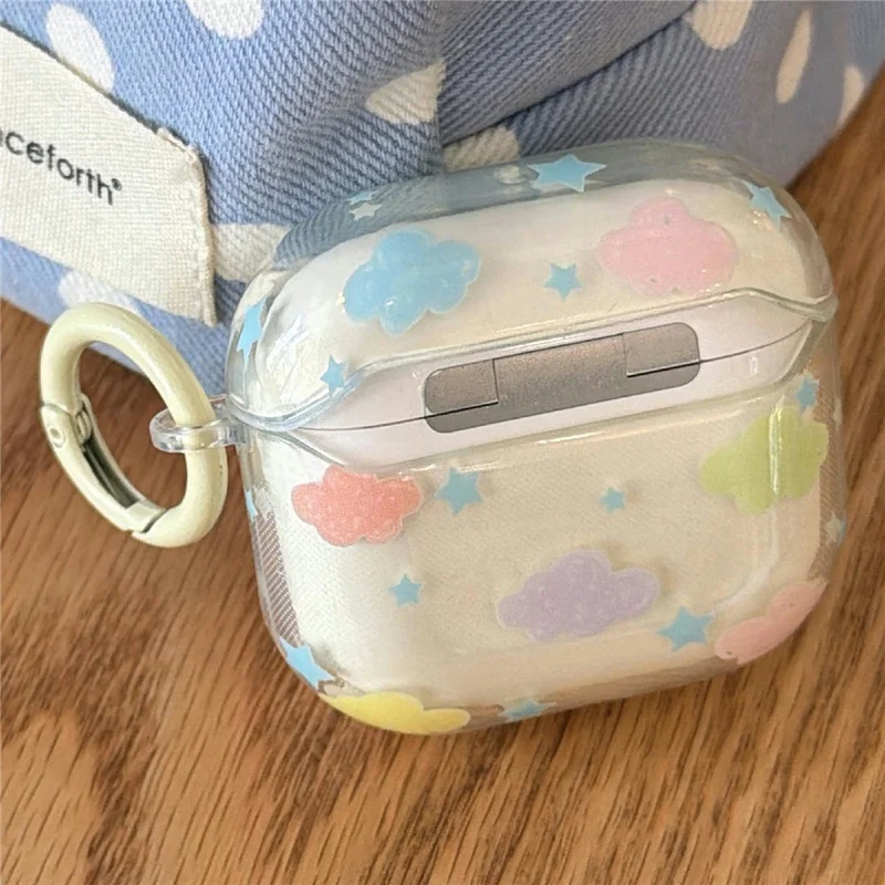 Coque transparente pour AirPods 4 en IMD+TPU, motif nuages et étoiles, housse de protection anti-choc avec porte-clés et clip à anneau
