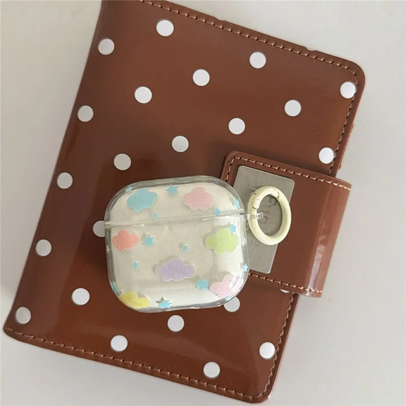 Coque transparente pour AirPods 4 en IMD+TPU, motif nuages et étoiles, housse de protection anti-choc avec porte-clés et clip à anneau