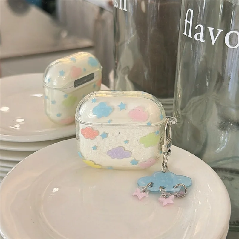 Coque transparente pour AirPods 4 en IMD+TPU, motif nuages et étoiles, housse de protection anti-choc avec porte-clés et clip à anneau
