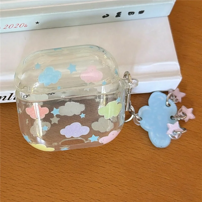 Coque transparente IMD+TPU pour AirPods 3, motif nuages et étoiles, protection avec porte-clés et clip de fixation