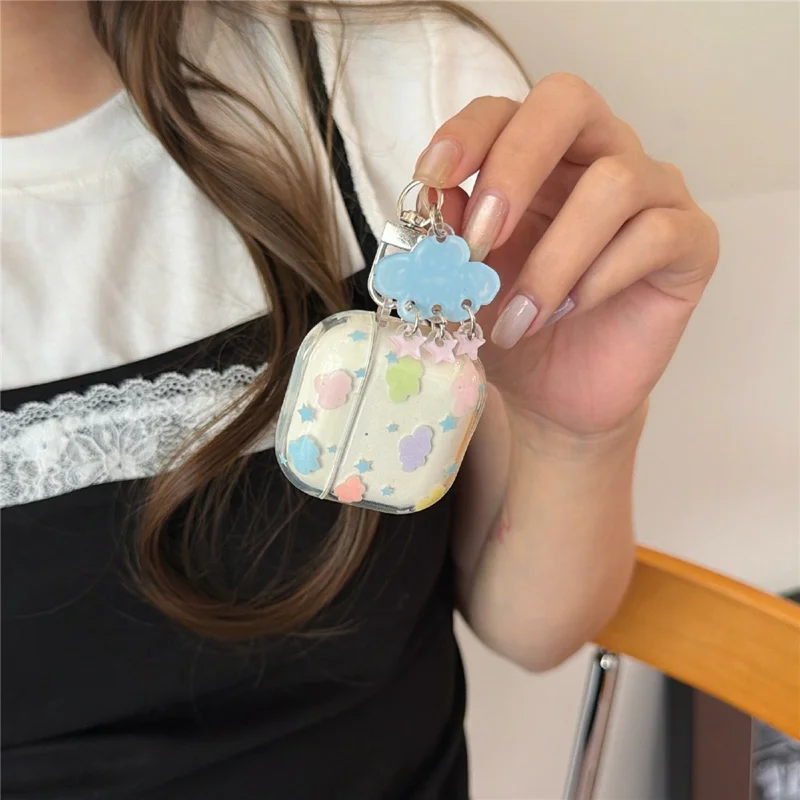 Coque transparente IMD+TPU pour AirPods 3, motif nuages et étoiles, protection avec porte-clés et clip de fixation