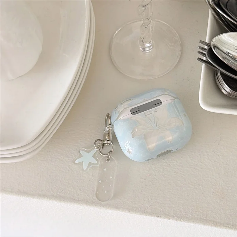 Case for AirPods Pro 3 Lily Flower Pattern TPU Protective Cover with Metal Clip and Keychain Charm