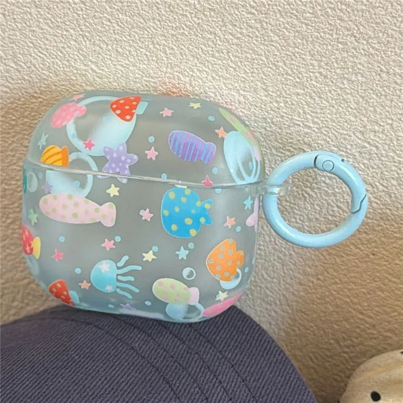 Case for AirPods 4 Frosted Underwater World Protective Cover TPU Soft Durable Shell with Fish-Shaped Charm & Buckle Clip