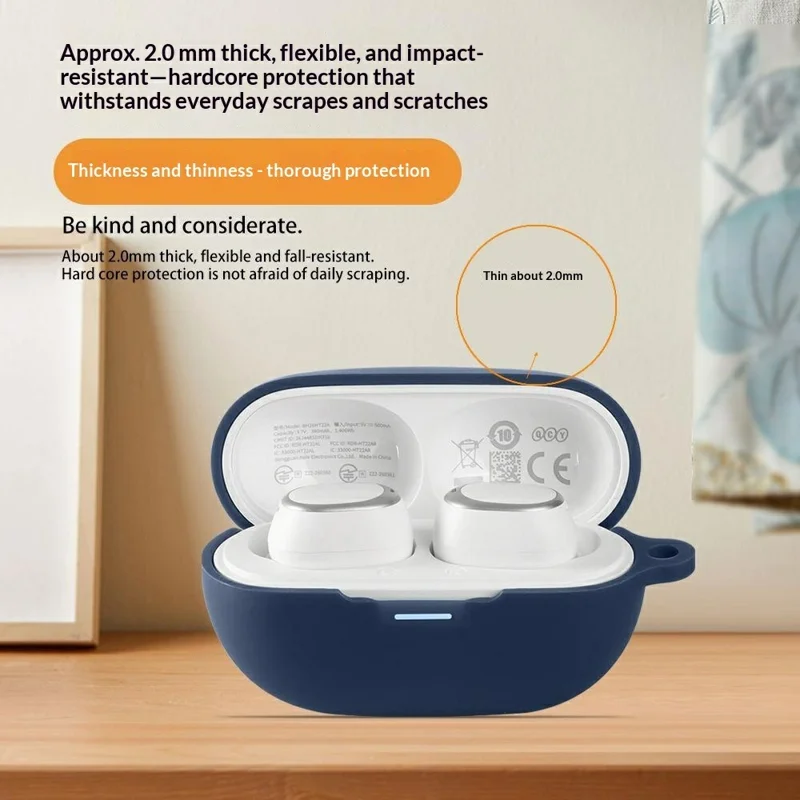 For QCY MeloBuds A30 Silicone Case Wireless Earbuds Protective Cover with Anti-Lost Buckle - Dark Blue