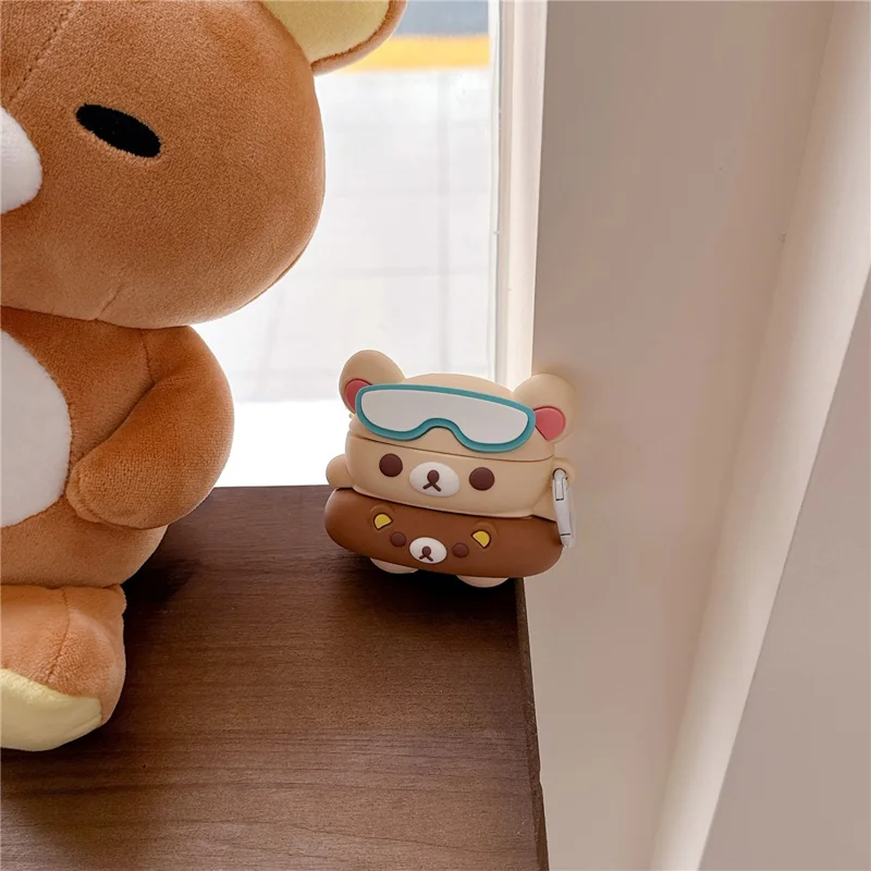 For AirPods Pro / Pro 2 Silicone Case Cartoon Swimming Ring Bear Earphone Protective Cover with Carabiner