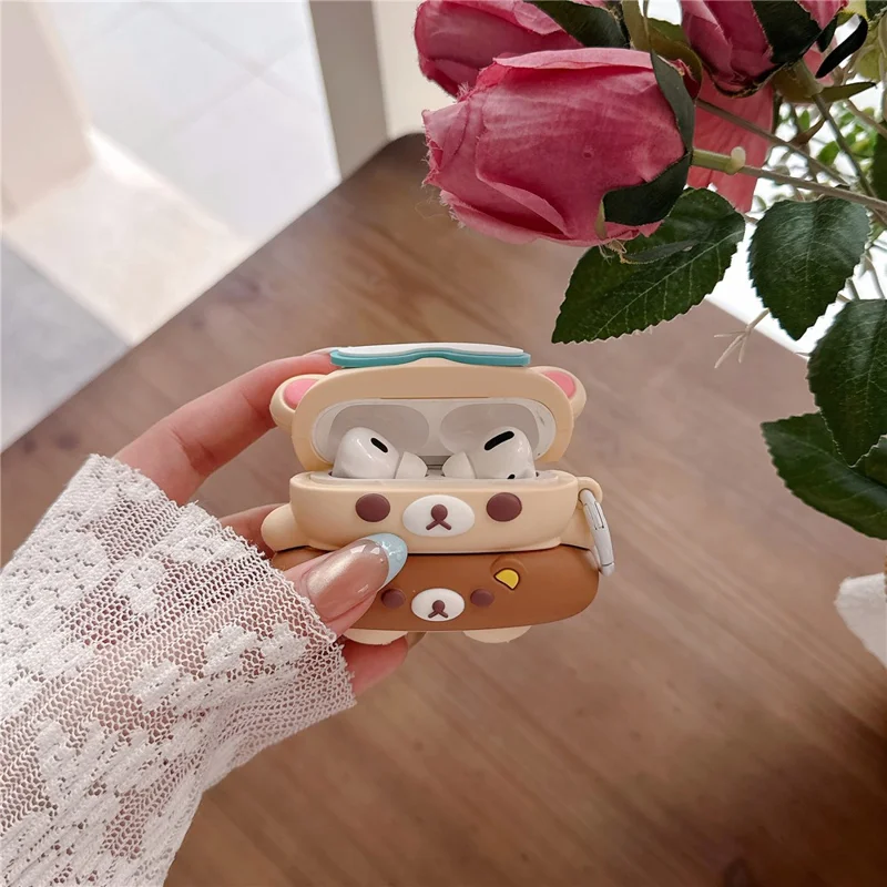 For AirPods Pro 3 Silicone Case Cartoon Swimming Ring Bear Earphone Protective Cover with Carabiner