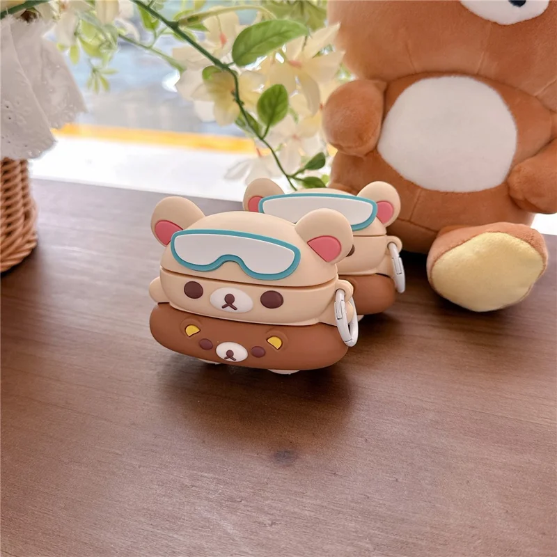 For AirPods Pro 3 Silicone Case Cartoon Swimming Ring Bear Earphone Protective Cover with Carabiner