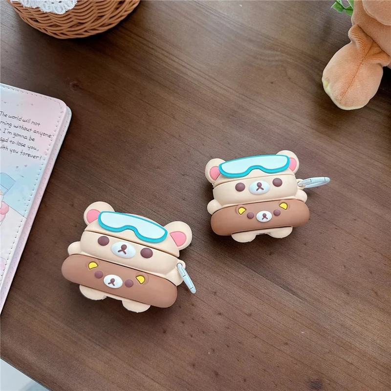 For AirPods 4 Silicone Case Cartoon Swimming Ring Bear Earphone Protective Cover with Carabiner