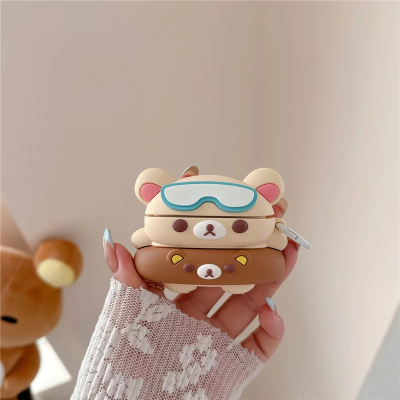 For AirPods 4 Silicone Case Cartoon Swimming Ring Bear Earphone Protective Cover with Carabiner