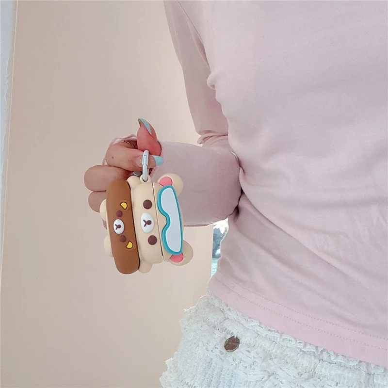 For AirPods 4 Silicone Case Cartoon Swimming Ring Bear Earphone Protective Cover with Carabiner