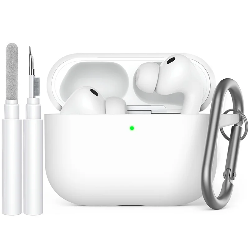 AHASTYLE WG184 per custodia AirPods Pro 3 Design diviso Custodia spessa in silicone per auricolari con moschettone + kit penna pulizia - Bianco