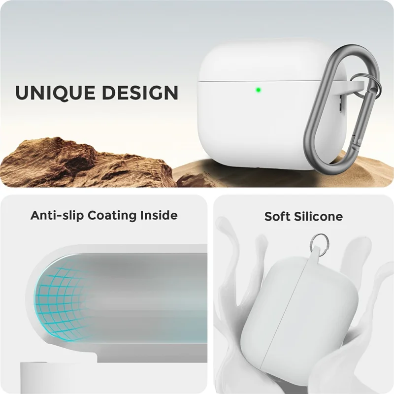 AHASTYLE WG184 per custodia AirPods Pro 3 Design diviso Custodia spessa in silicone per auricolari con moschettone + kit penna pulizia - Bianco