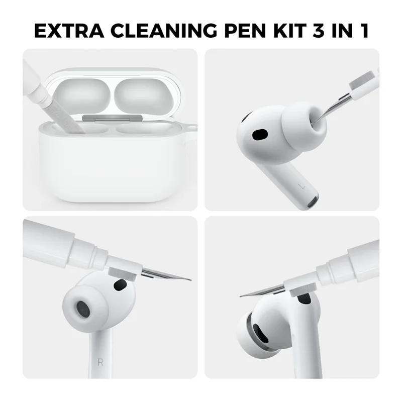 AHASTYLE WG184 per custodia AirPods Pro 3 Design diviso Custodia spessa in silicone per auricolari con moschettone + kit penna pulizia - Bianco