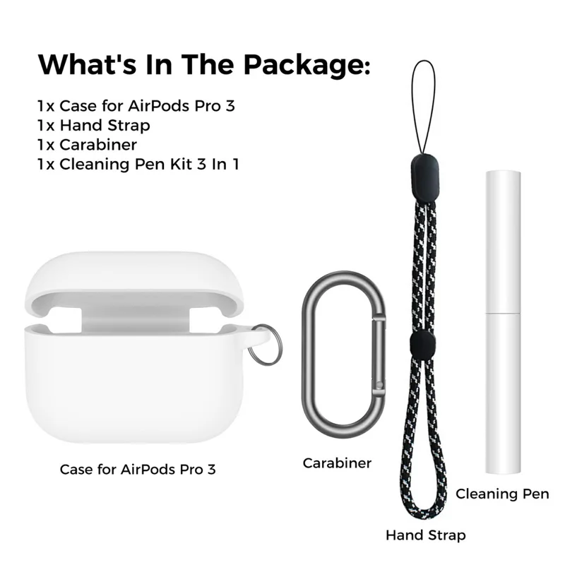 AHASTYLE WG184 per custodia AirPods Pro 3 Design diviso Custodia spessa in silicone per auricolari con moschettone + kit penna pulizia - Bianco