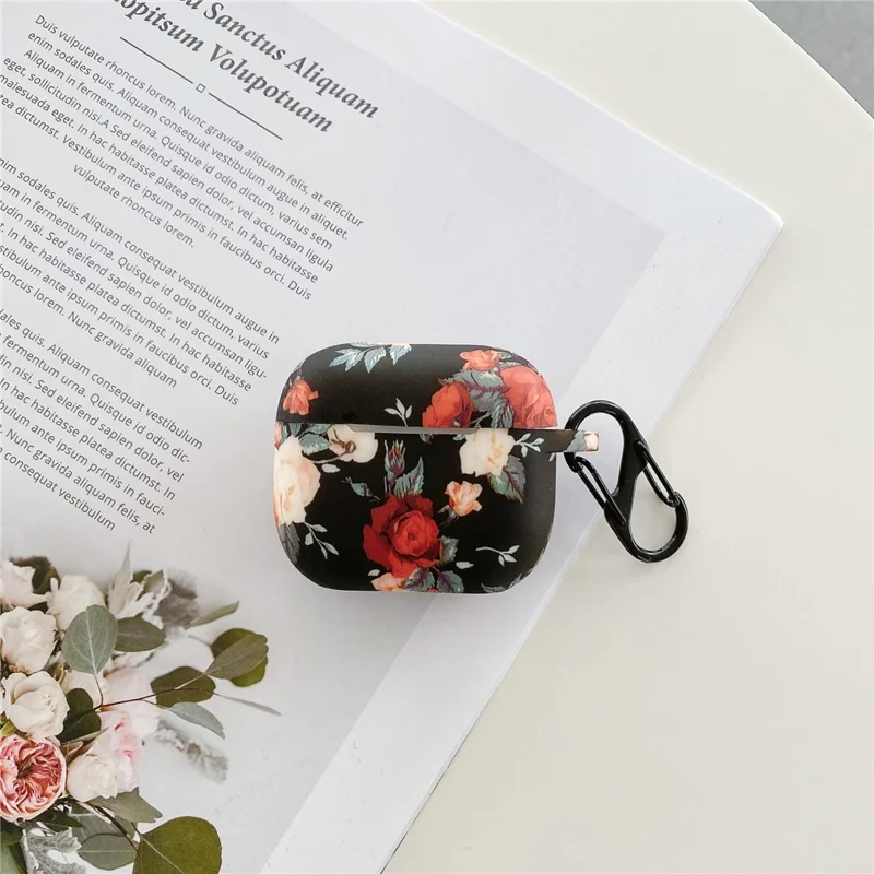 For Apple AirPods 3 Rose Flower Pattern Silicone Case Protective Cover with Anti-Lost Hook